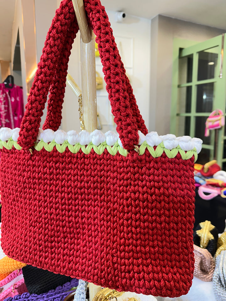 Red Crochet Tote with White Tulips