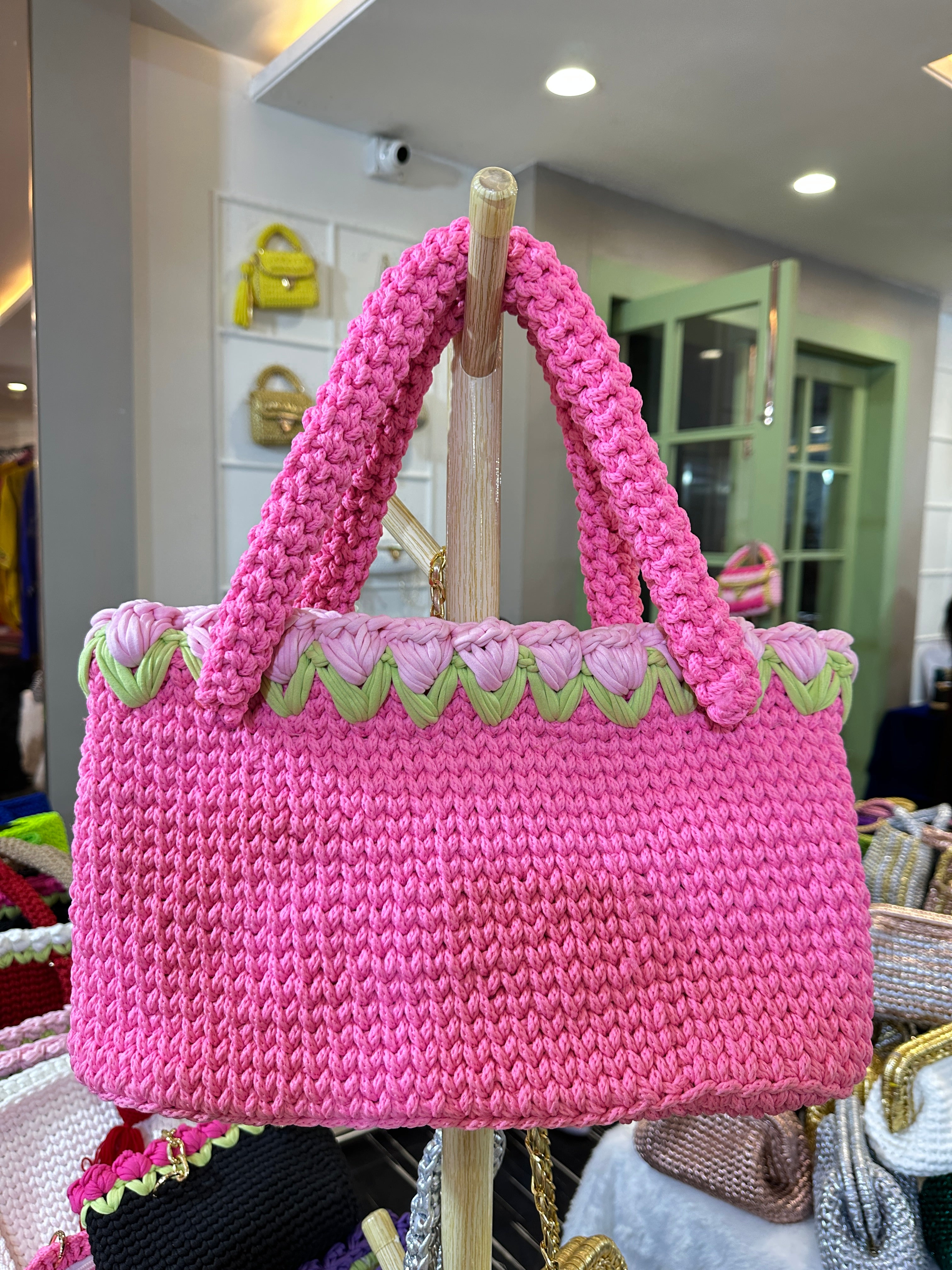 Pink Crochet Tote With Light Pink Tulips