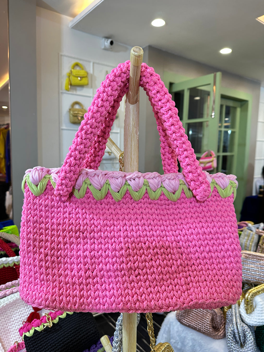 Pink Crochet Tote With Light Pink Tulips