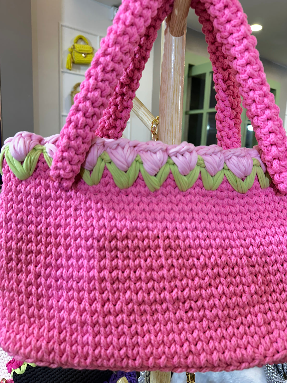 Pink Crochet Tote With Light Pink Tulips