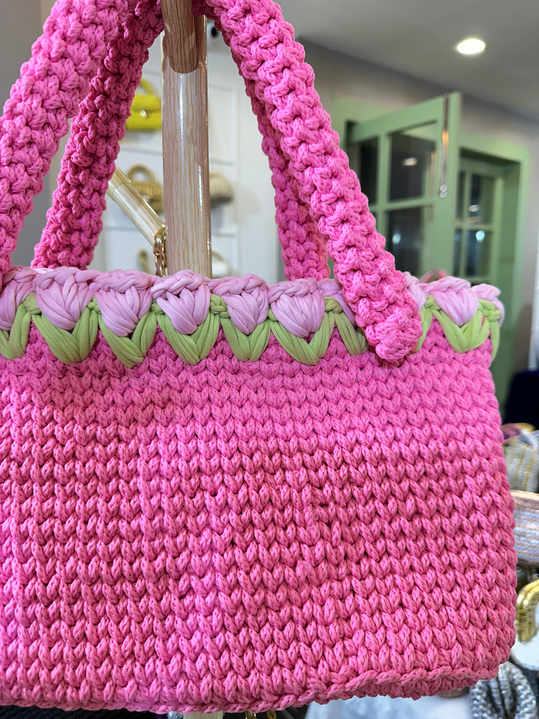 Pink Crochet Tote With Light Pink Tulips