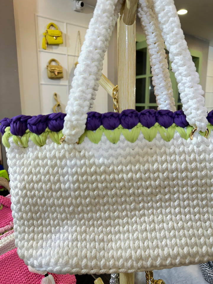 White Lavender Bloom Crotchet Tote