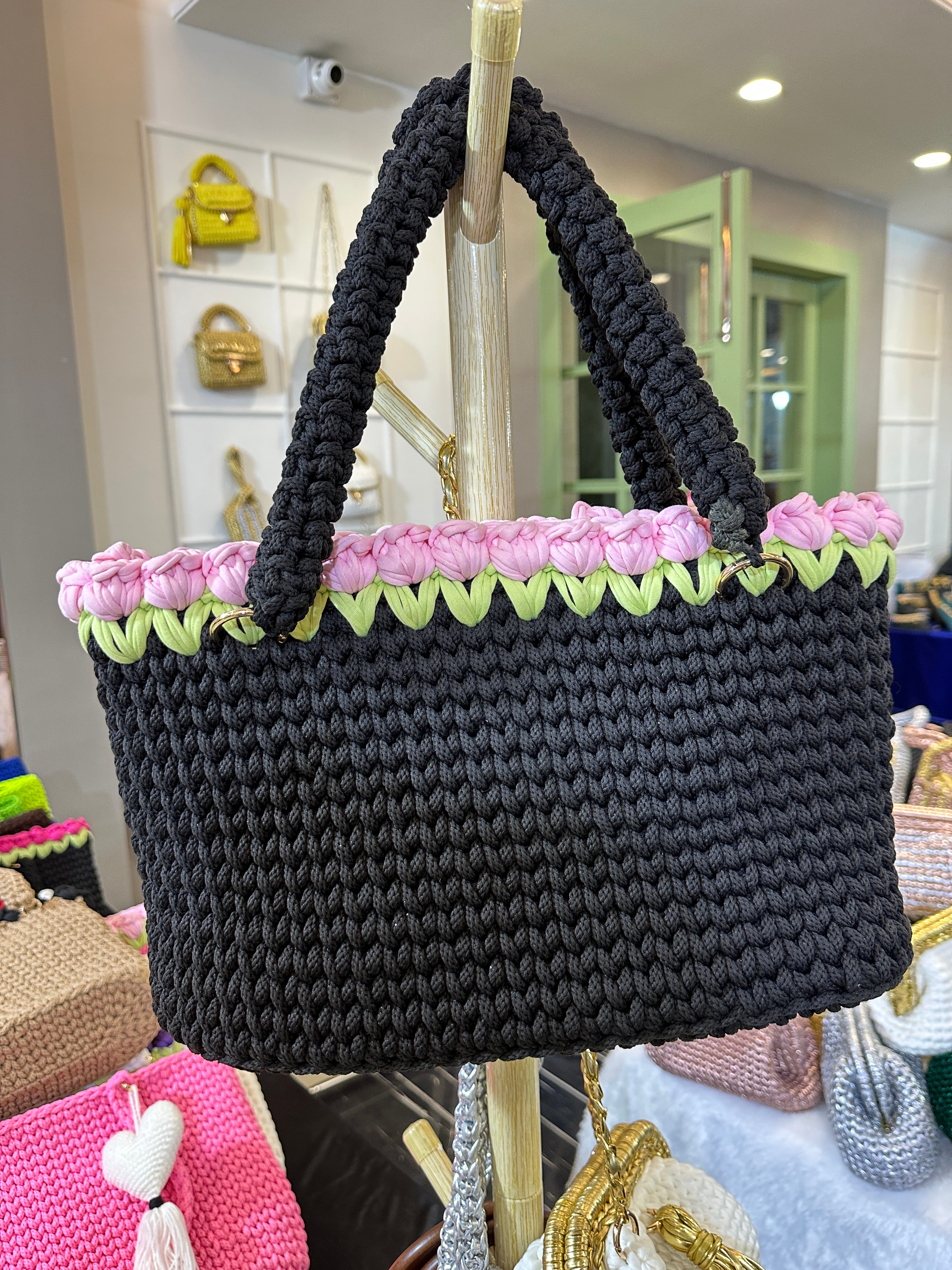 Charcoal Crochet Tote With Light  Pink Tulips