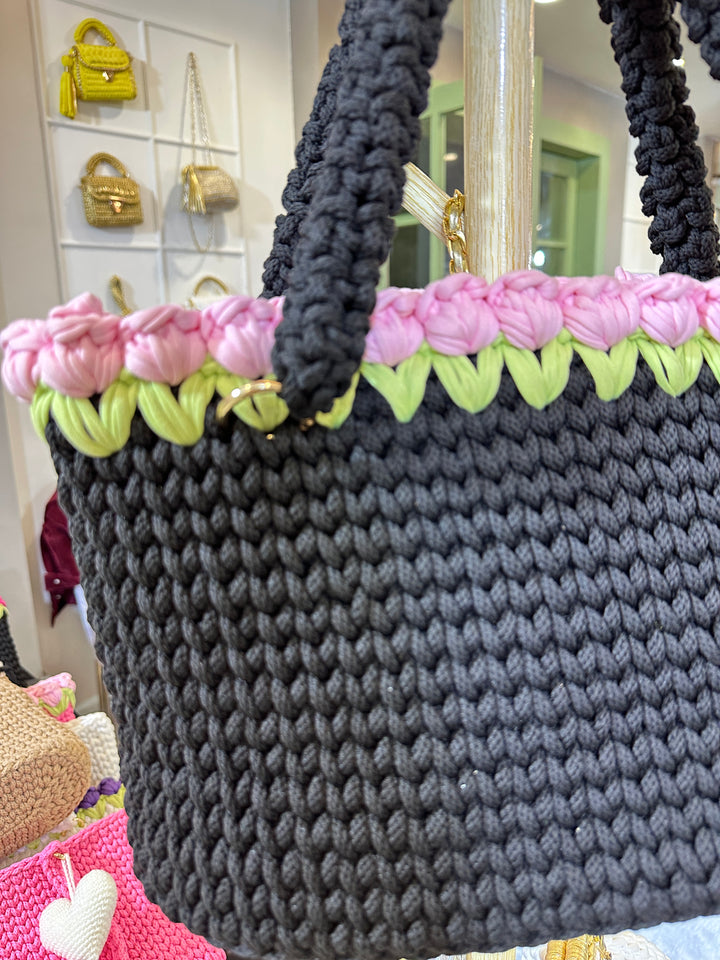Charcoal Crochet Tote With Light  Pink Tulips