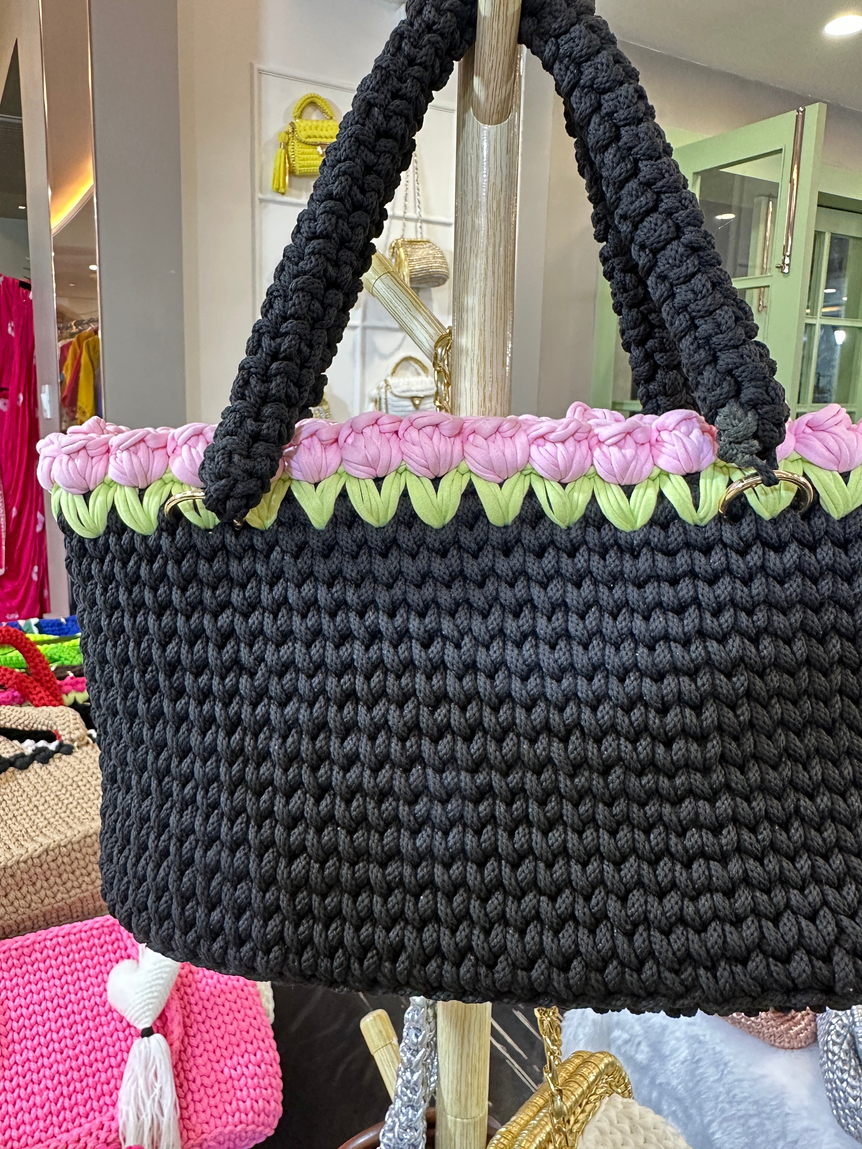 Charcoal Crochet Tote With Light  Pink Tulips
