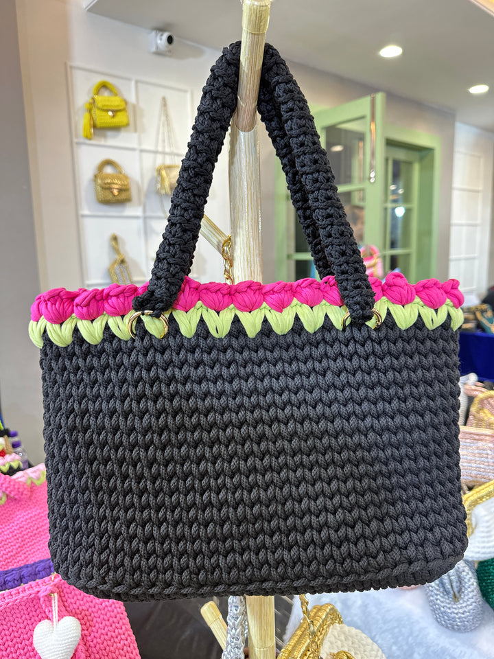 Charcoal Crochet Tote With Dark Pink Tulips