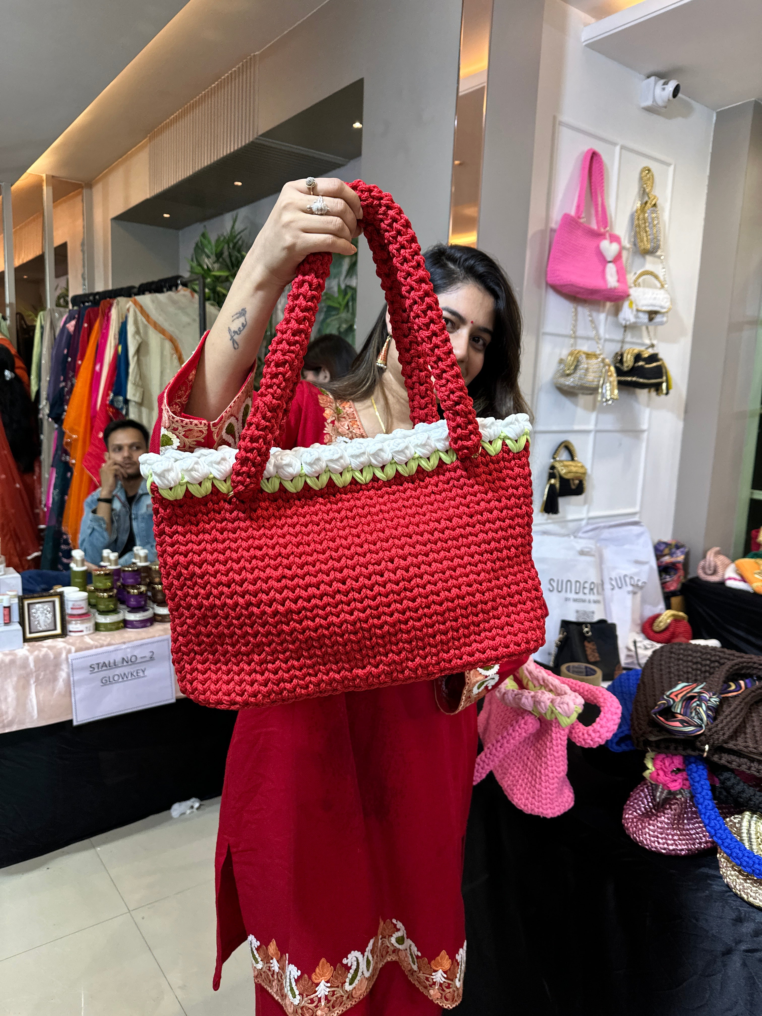 Red Crochet Tote with White Tulips