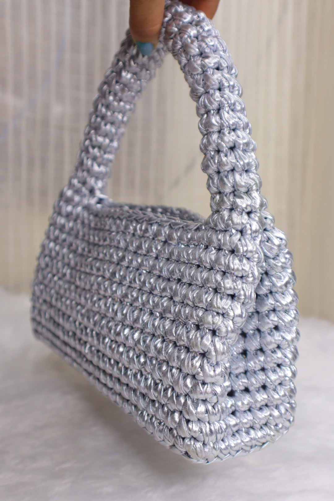 Metallic Silver Loaf Crochet Bag