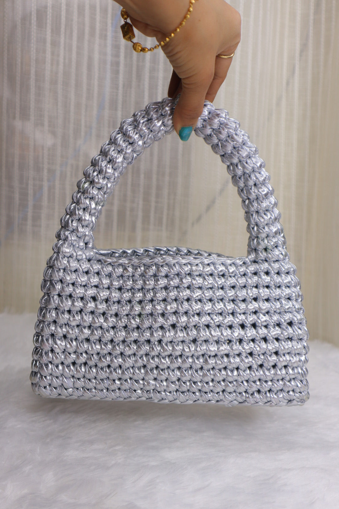 Metallic Silver Loaf Crochet Bag