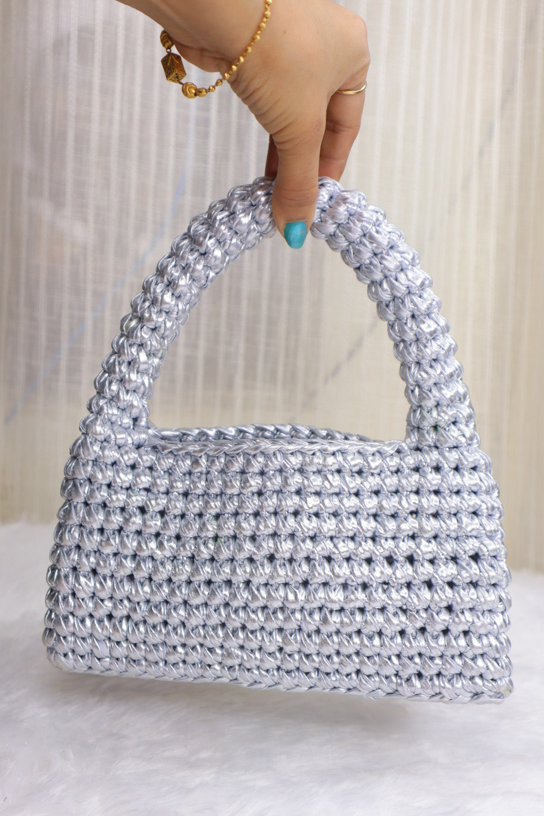 Metallic Silver Loaf Crochet Bag