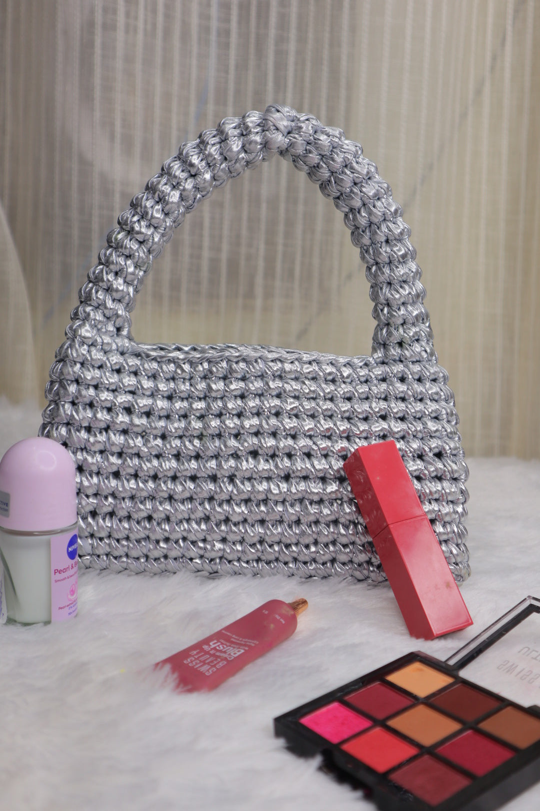 Metallic Silver Loaf Crochet Bag