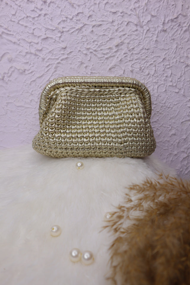 Light Golden Metallic Crochet Clutch with Sling and Tassel