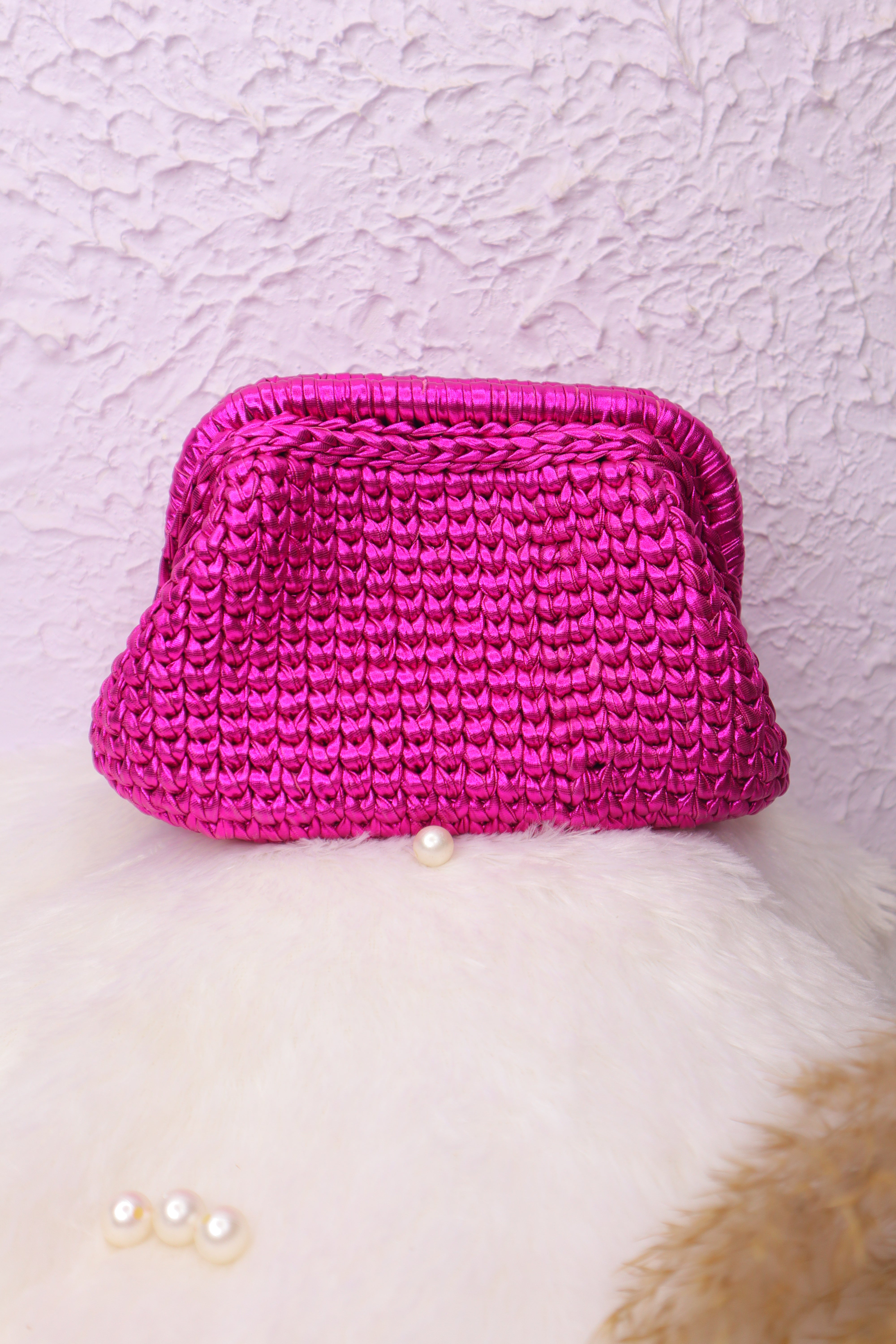Hot Pink Glam Metallic Crochet Clutch ( dispatch in 2 days )