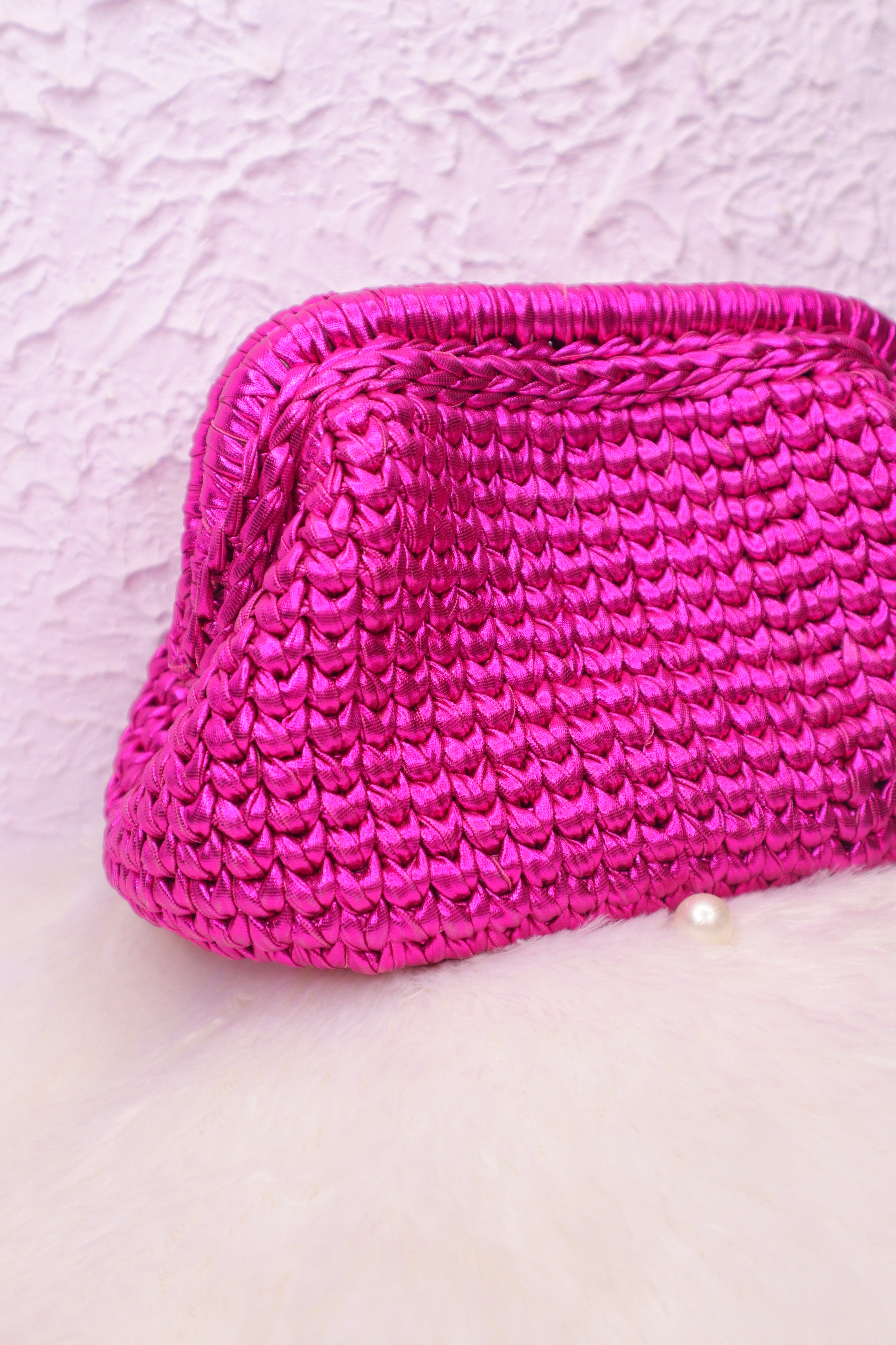 Hot Pink Glam Metallic Crochet Clutch ( dispatch in 2 days )
