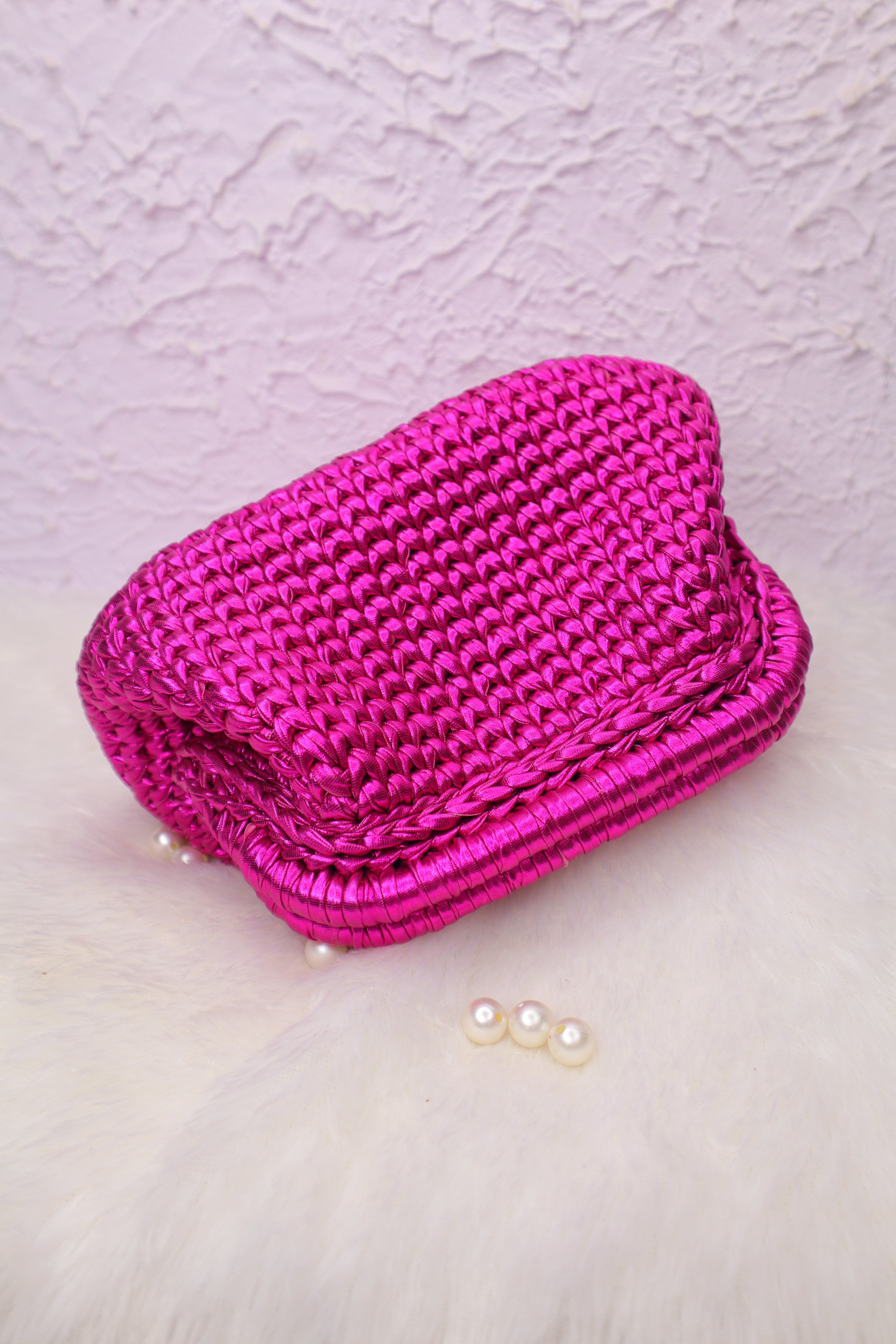 Hot Pink Glam Metallic Crochet Clutch ( dispatch in 2 days )