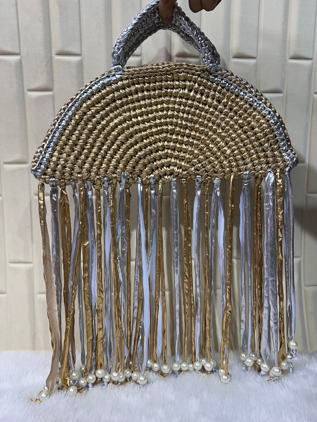 Gold & Silver Moon Metallic Crochet Fringe Handbag with Pearls