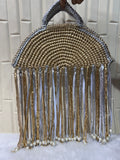 Gold & Silver Moon Metallic Crochet Fringe Handbag with Pearls