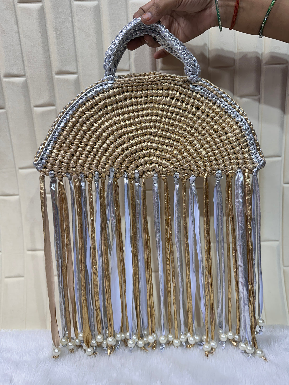 Gold & Silver Moon Metallic Crochet Fringe Handbag with Pearls