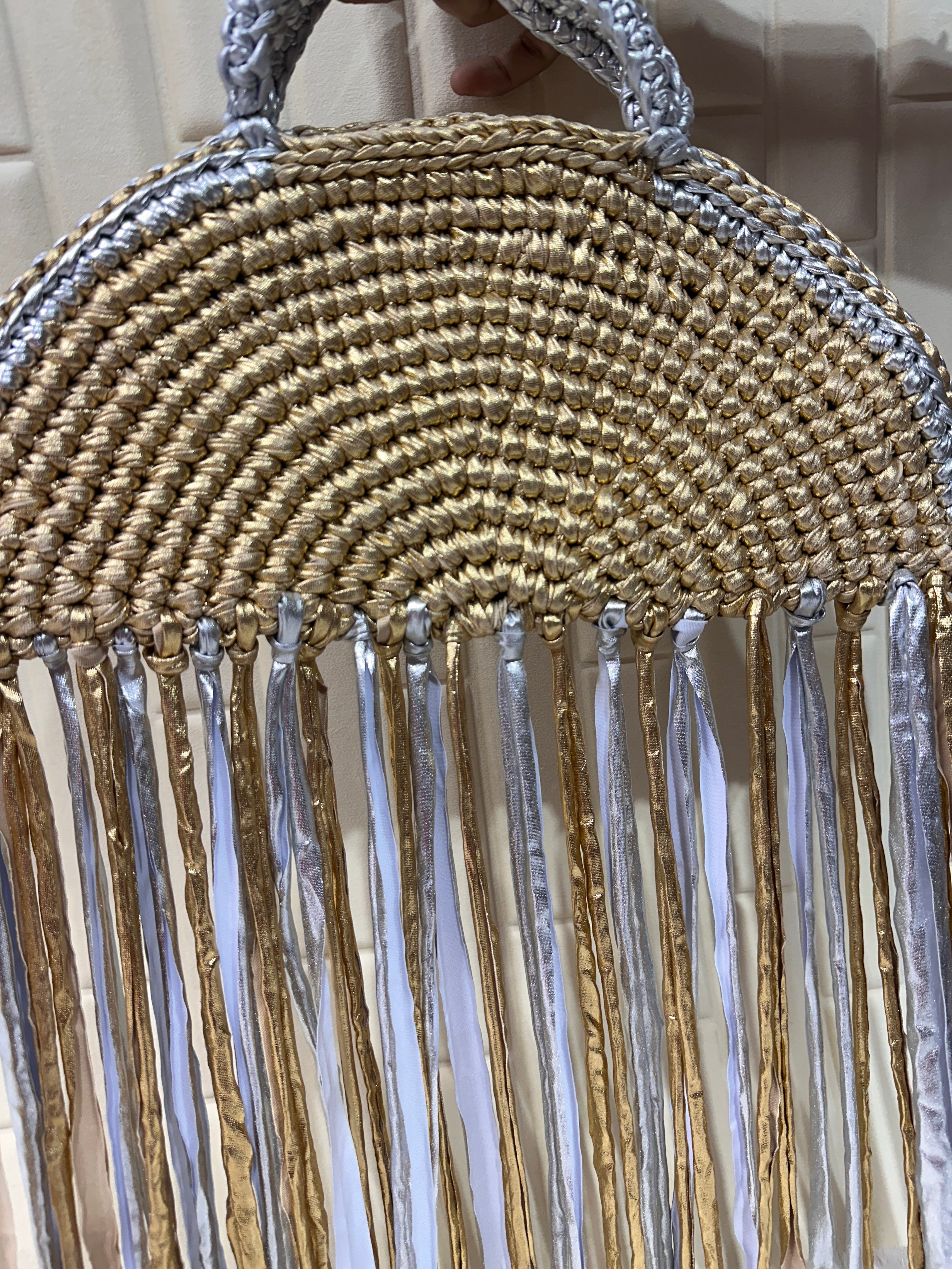 Gold & Silver Moon Metallic Crochet Fringe Handbag with Pearls