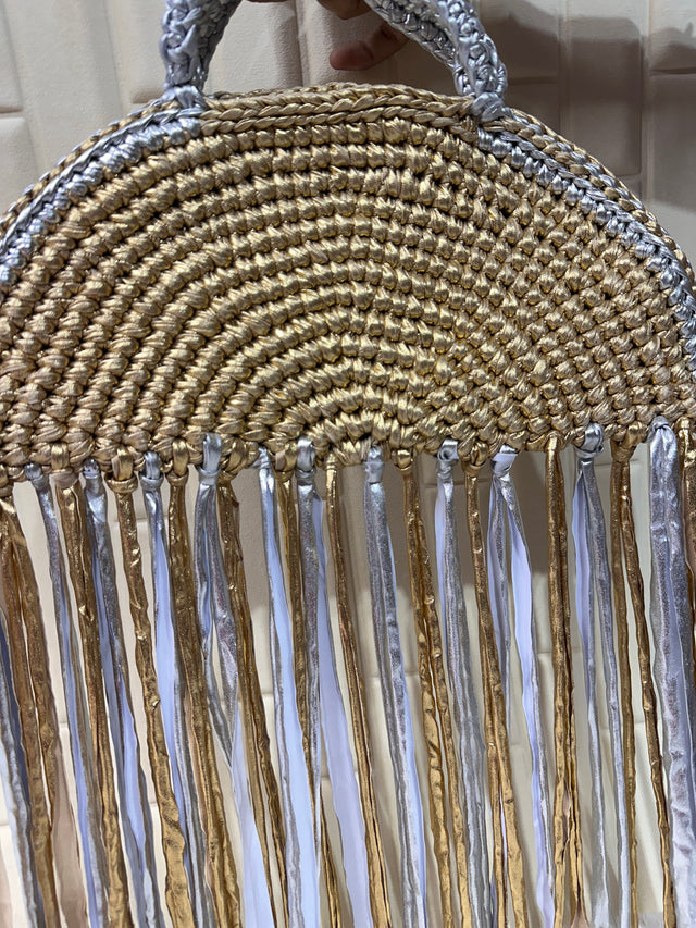 Gold & Silver Moon Metallic Crochet Fringe Handbag with Pearls