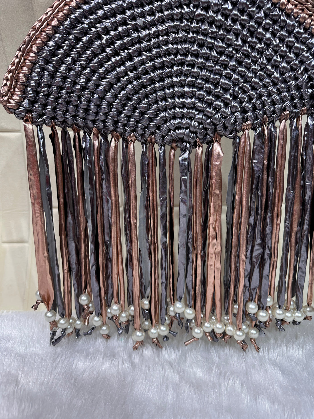 Rose Dusk Metallic Crochet Fringe Handbag with Pearls