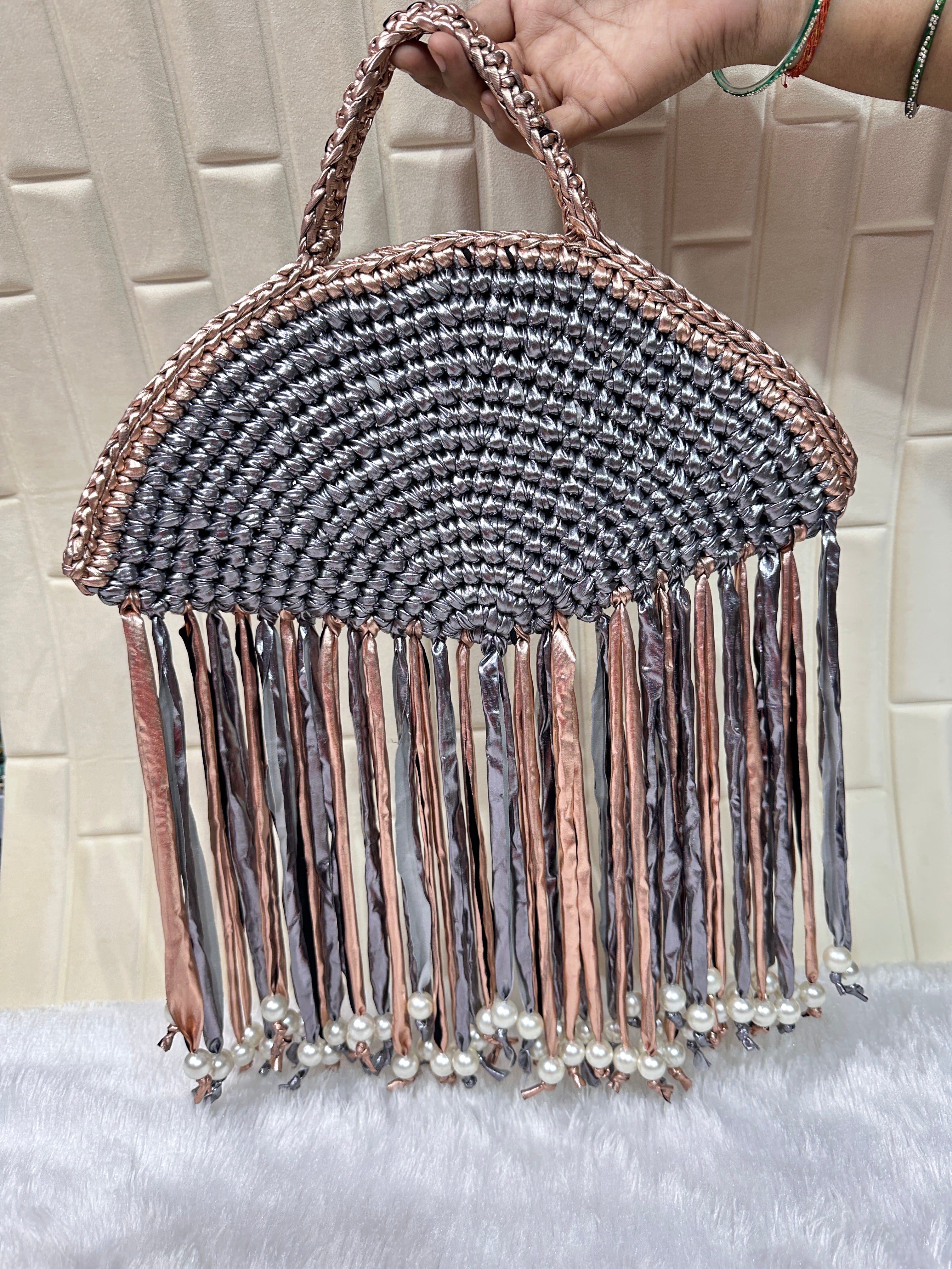Rose Dusk Metallic Crochet Fringe Handbag with Pearls
