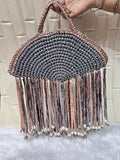 Rose Dusk Metallic Crochet Fringe Handbag with Pearls