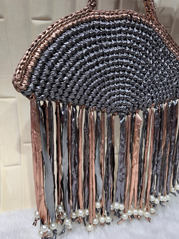Rose Dusk Metallic Crochet Fringe Handbag with Pearls