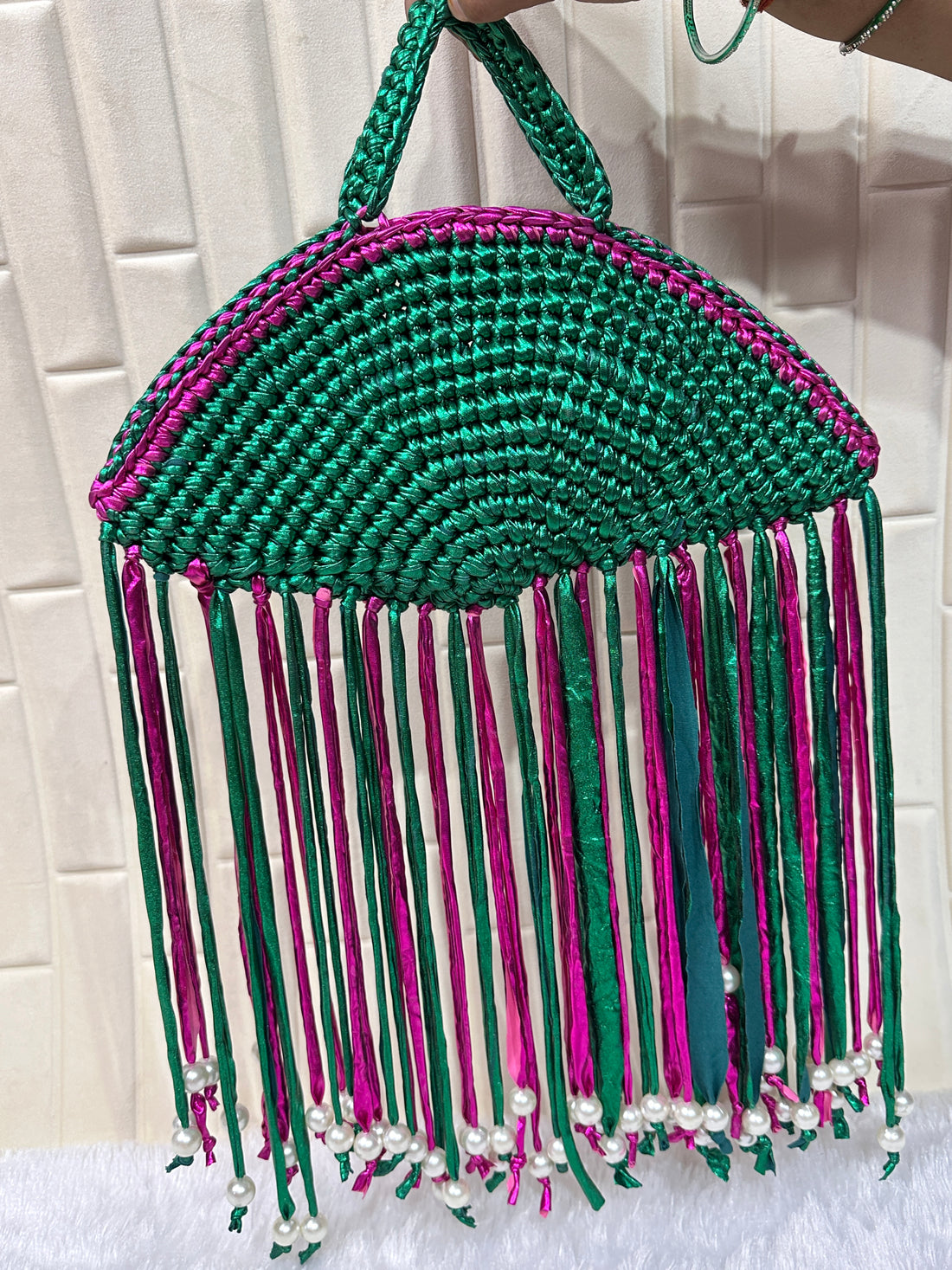 Emerald Fuchsia Metallic Crochet Fringe Handbag with Pearls