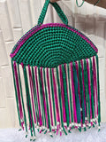Emerald Fuchsia Metallic Crochet Fringe Handbag with Pearls