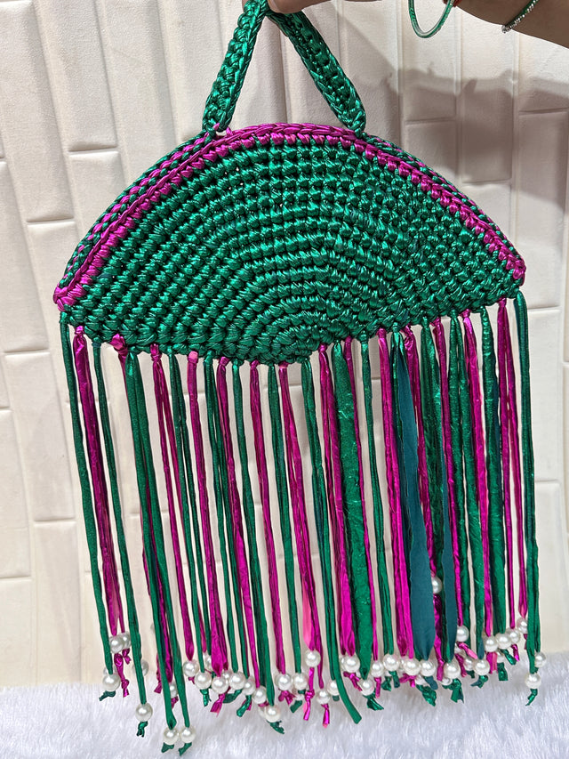 Emerald Fuchsia Metallic Crochet Fringe Handbag with Pearls