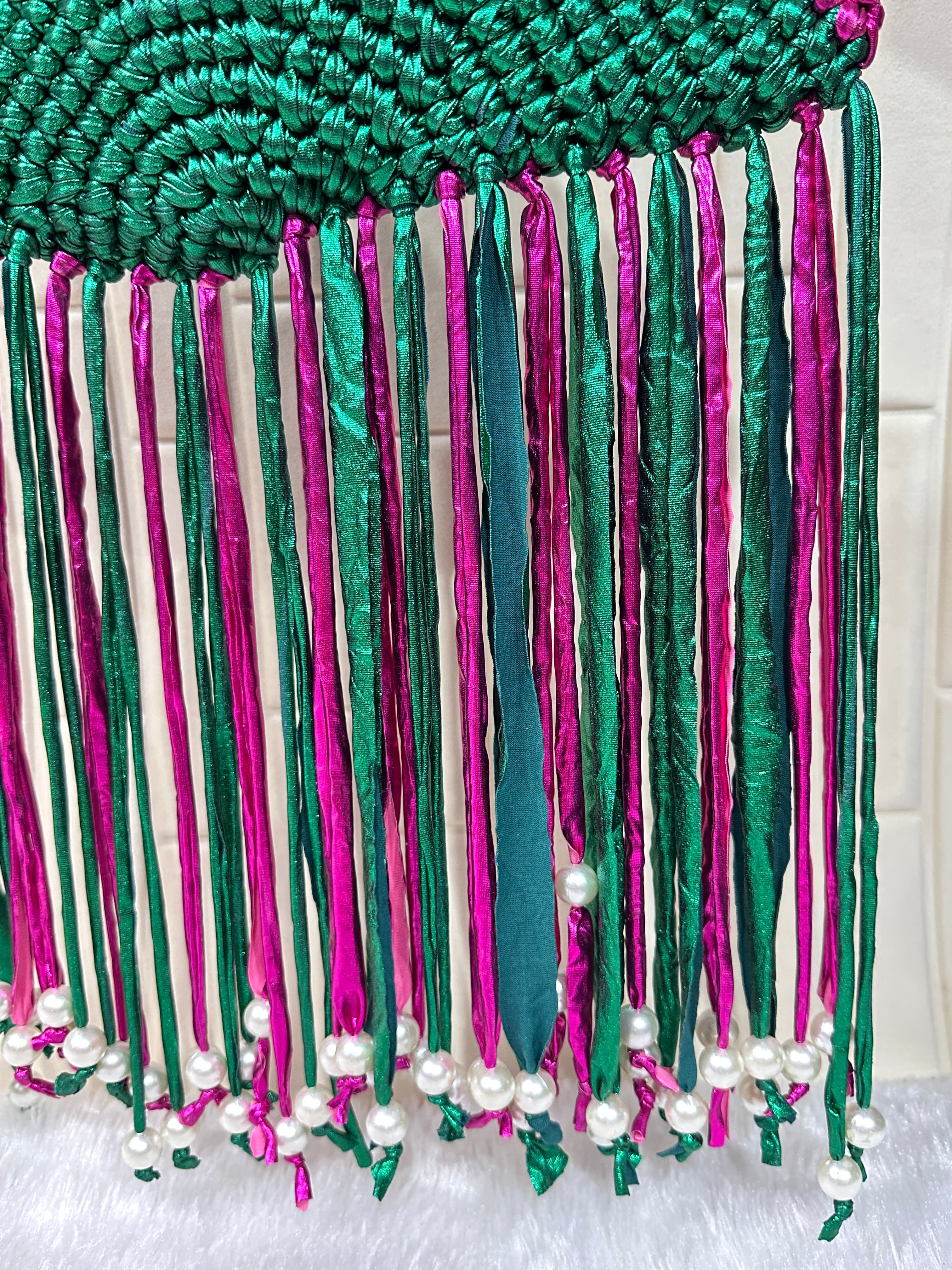 Emerald Fuchsia Metallic Crochet Fringe Handbag with Pearls