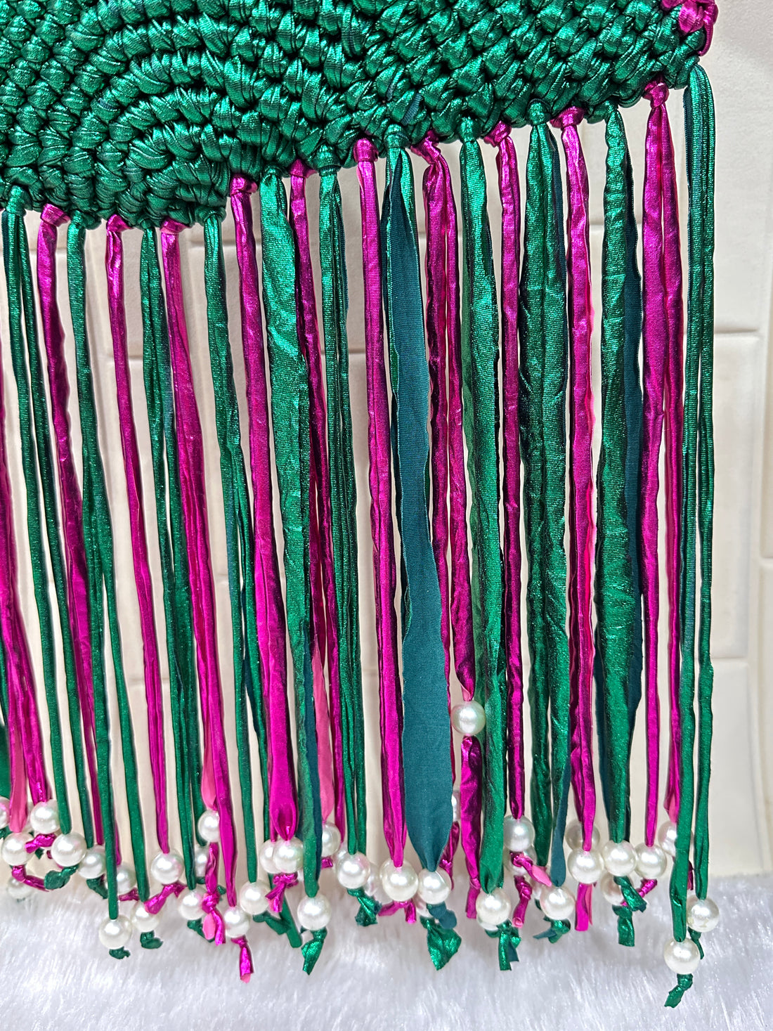 Emerald Fuchsia Metallic Crochet Fringe Handbag with Pearls