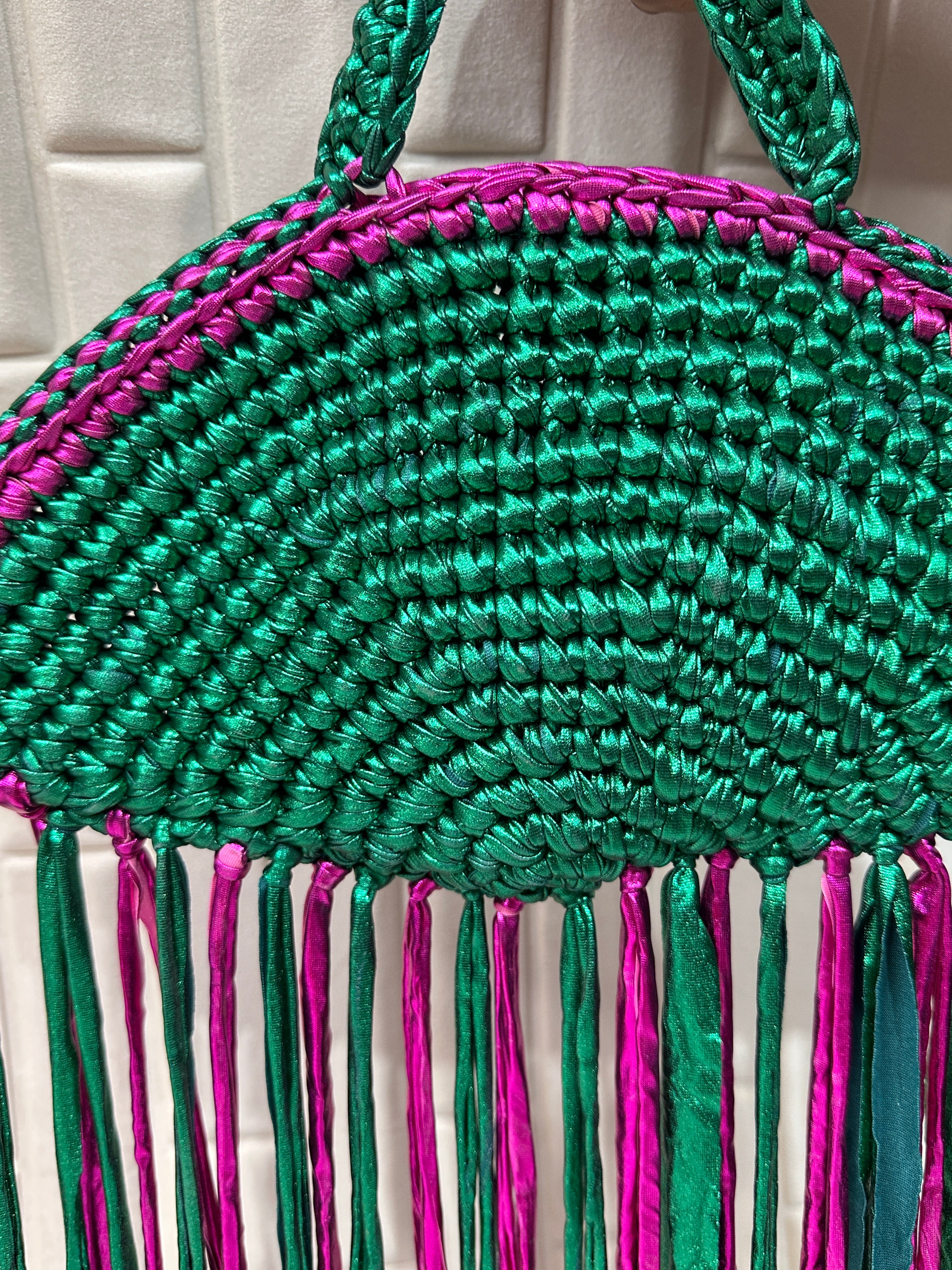 Emerald Fuchsia Metallic Crochet Fringe Handbag with Pearls