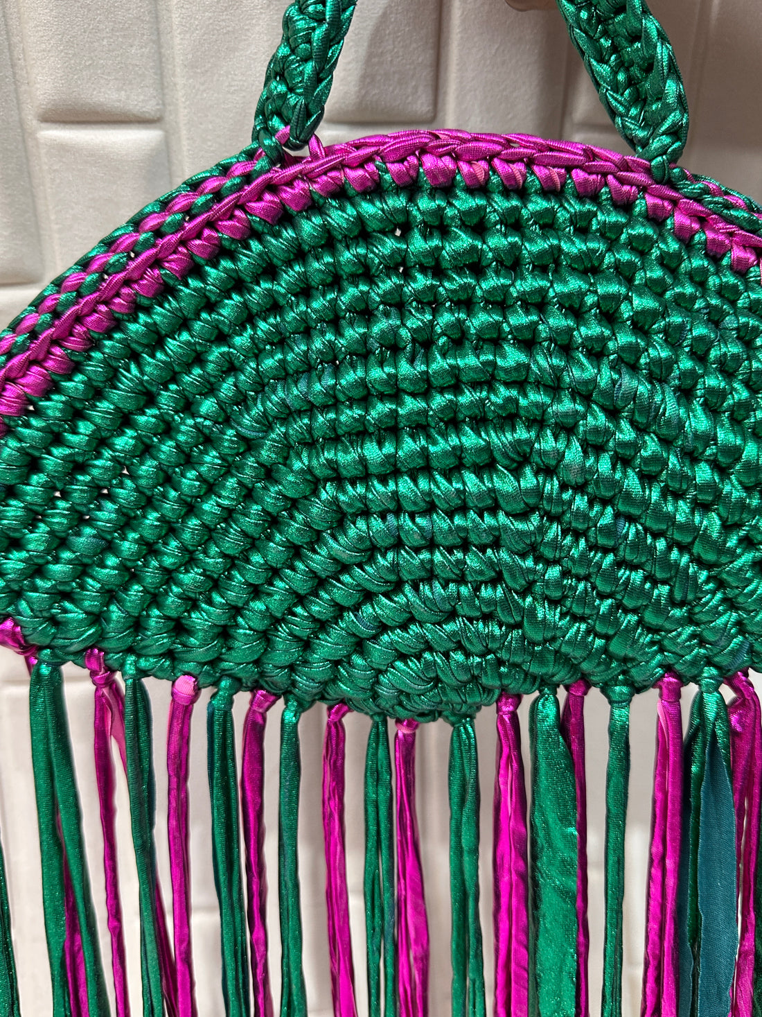 Emerald Fuchsia Metallic Crochet Fringe Handbag with Pearls