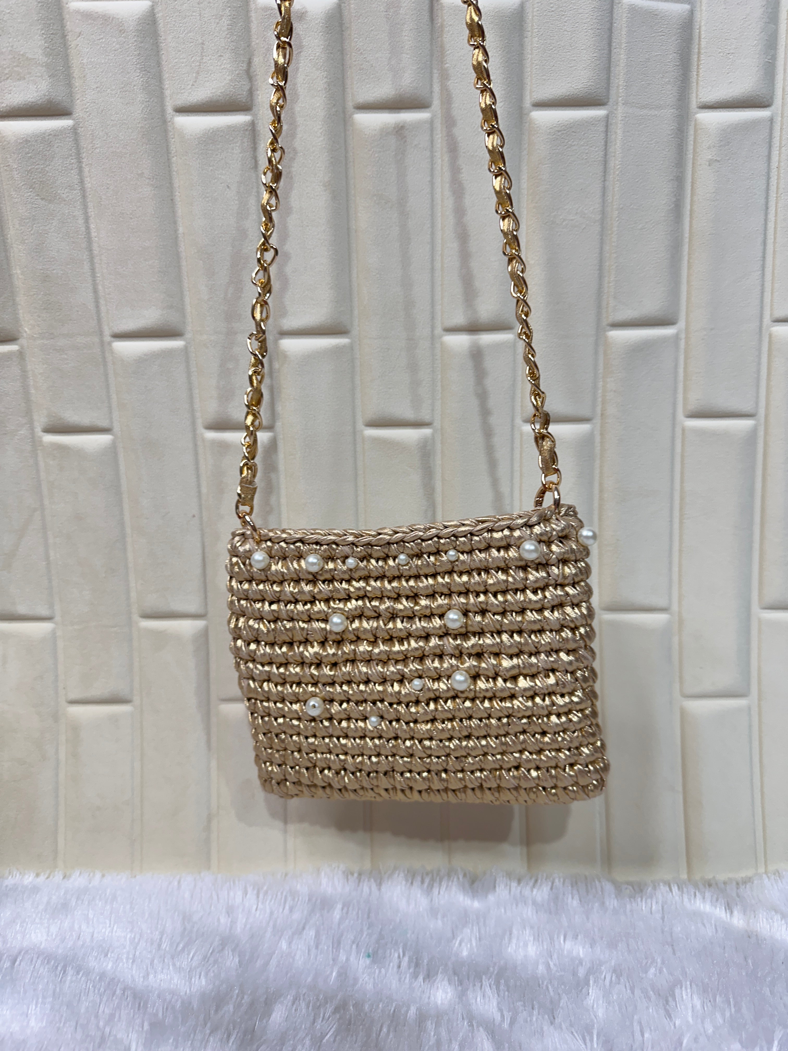Champagne Pearl Metallic Crochet Chain Sling Bag