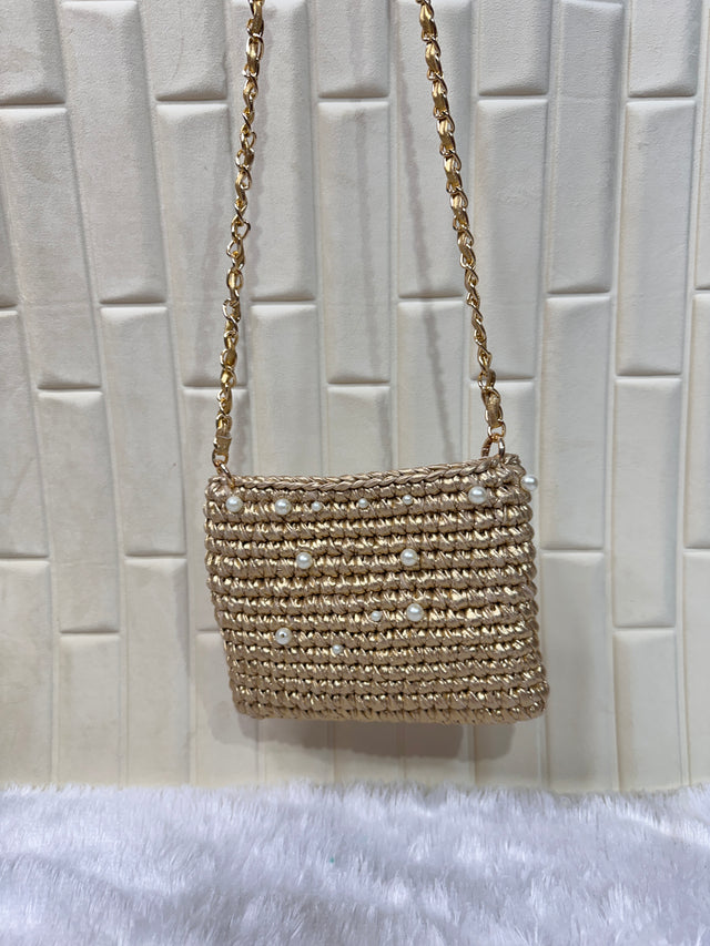 Champagne Pearl Metallic Crochet Chain Sling Bag
