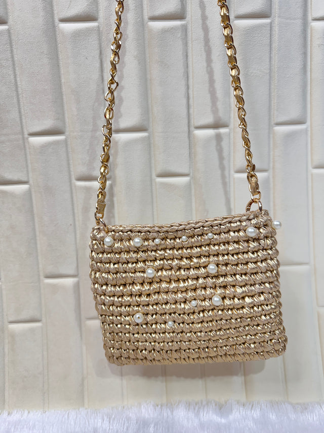 Champagne Pearl Metallic Crochet Chain Sling Bag