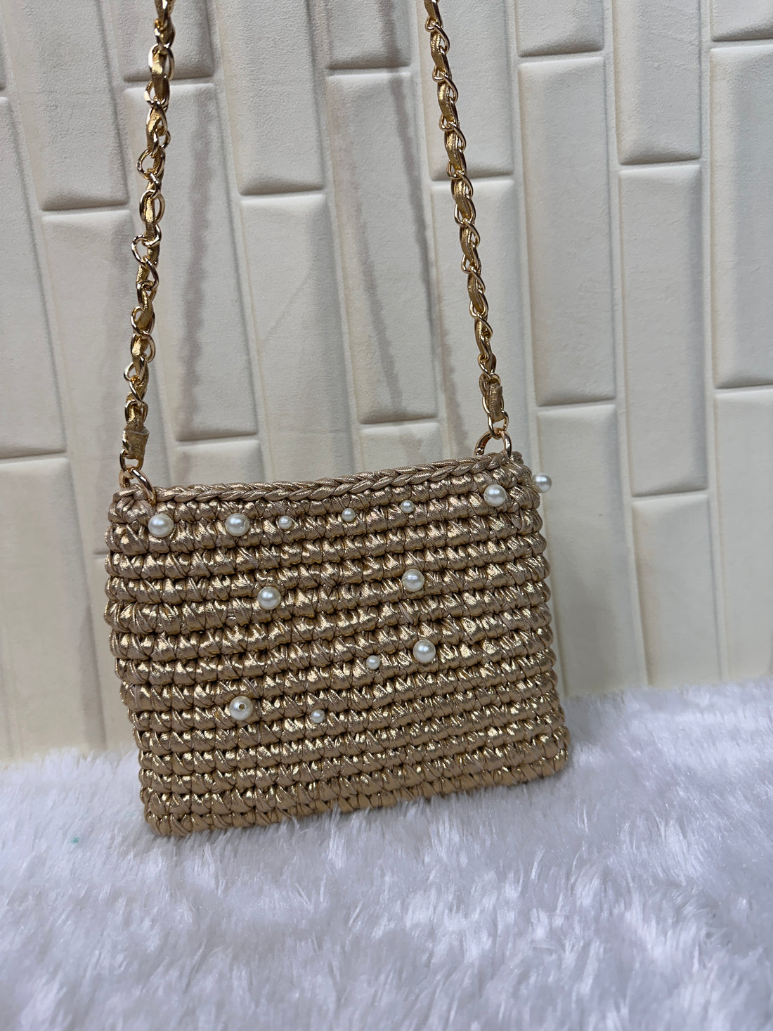 Champagne Pearl Metallic Crochet Chain Sling Bag