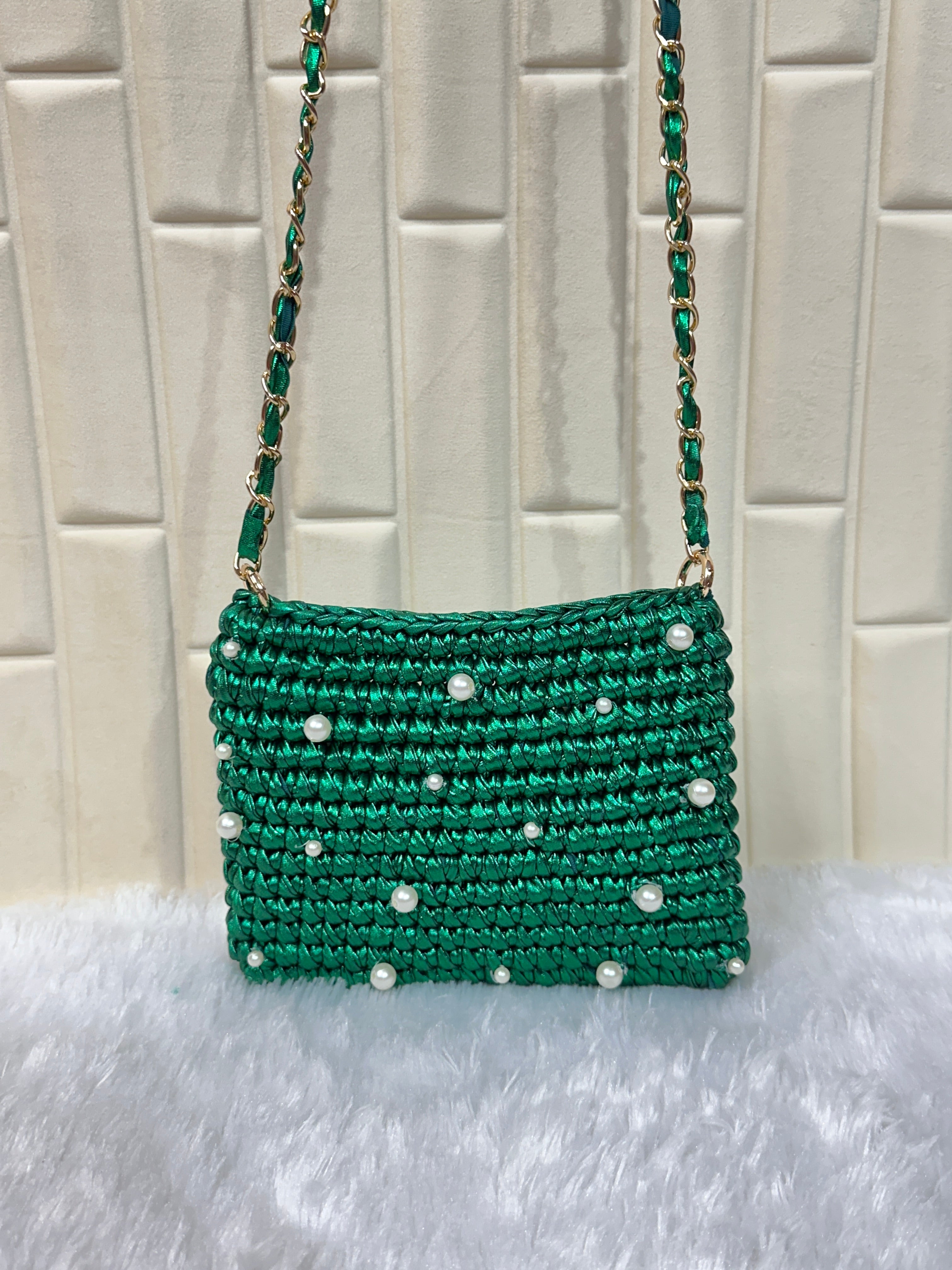 Emerald Pearl Metallic Crochet Chain Sling Bag