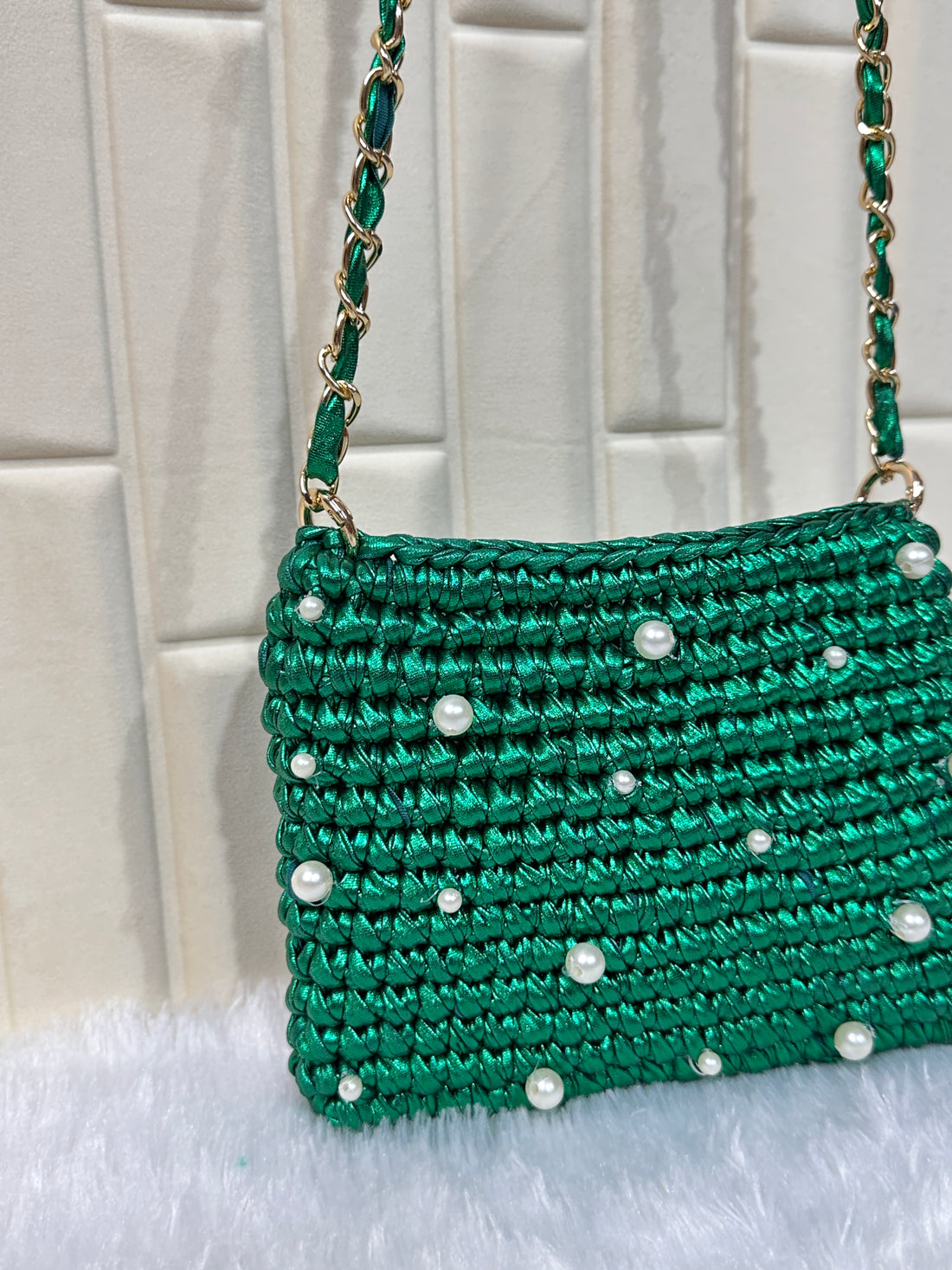Emerald Pearl Metallic Crochet Chain Sling Bag