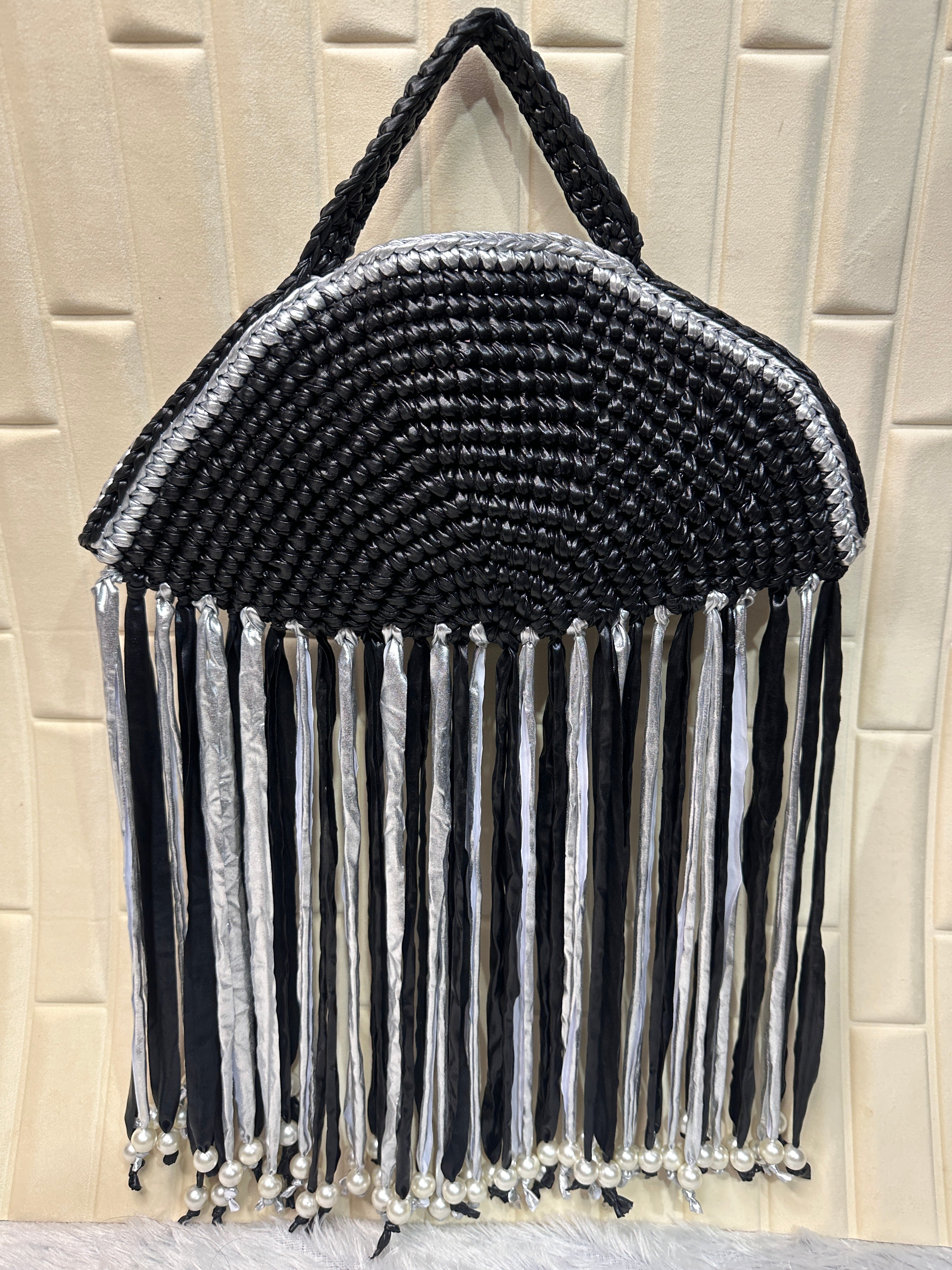 Midnight Silver Moon Metallic Crochet Fringe Handbag with Pearls