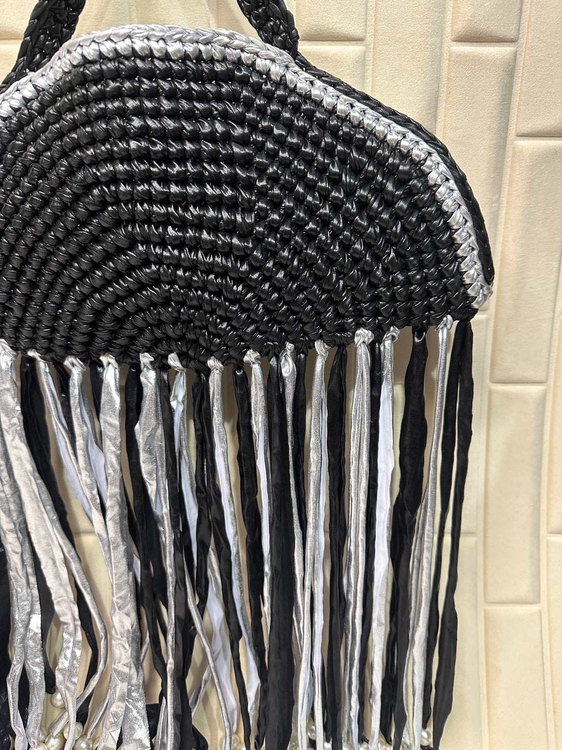 Midnight Silver Moon Metallic Crochet Fringe Handbag with Pearls