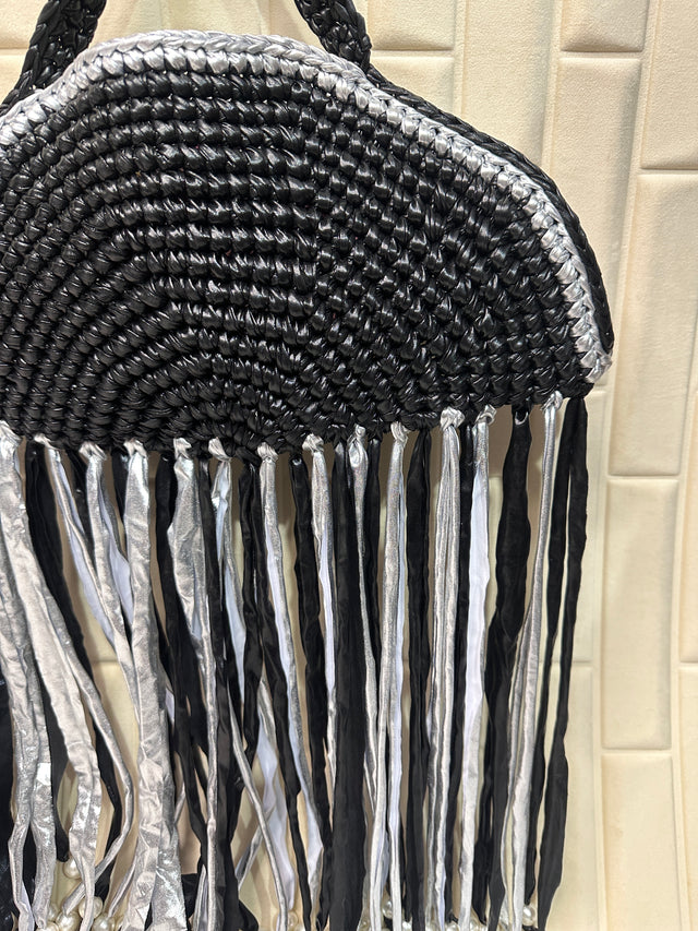Midnight Silver Moon Metallic Crochet Fringe Handbag with Pearls