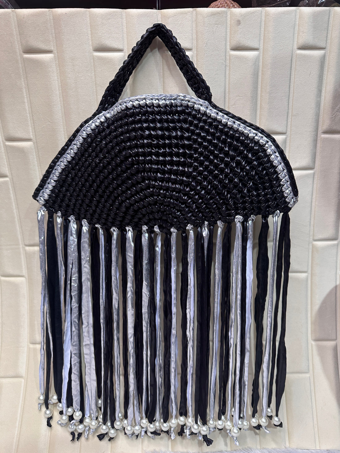 Midnight Silver Moon Metallic Crochet Fringe Handbag with Pearls
