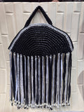 Midnight Silver Moon Metallic Crochet Fringe Handbag with Pearls