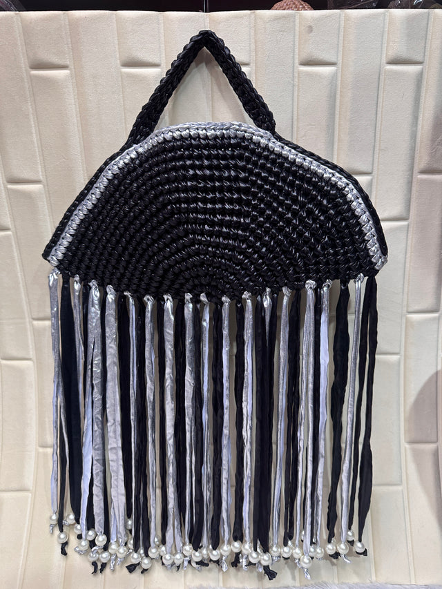 Midnight Silver Moon Metallic Crochet Fringe Handbag with Pearls
