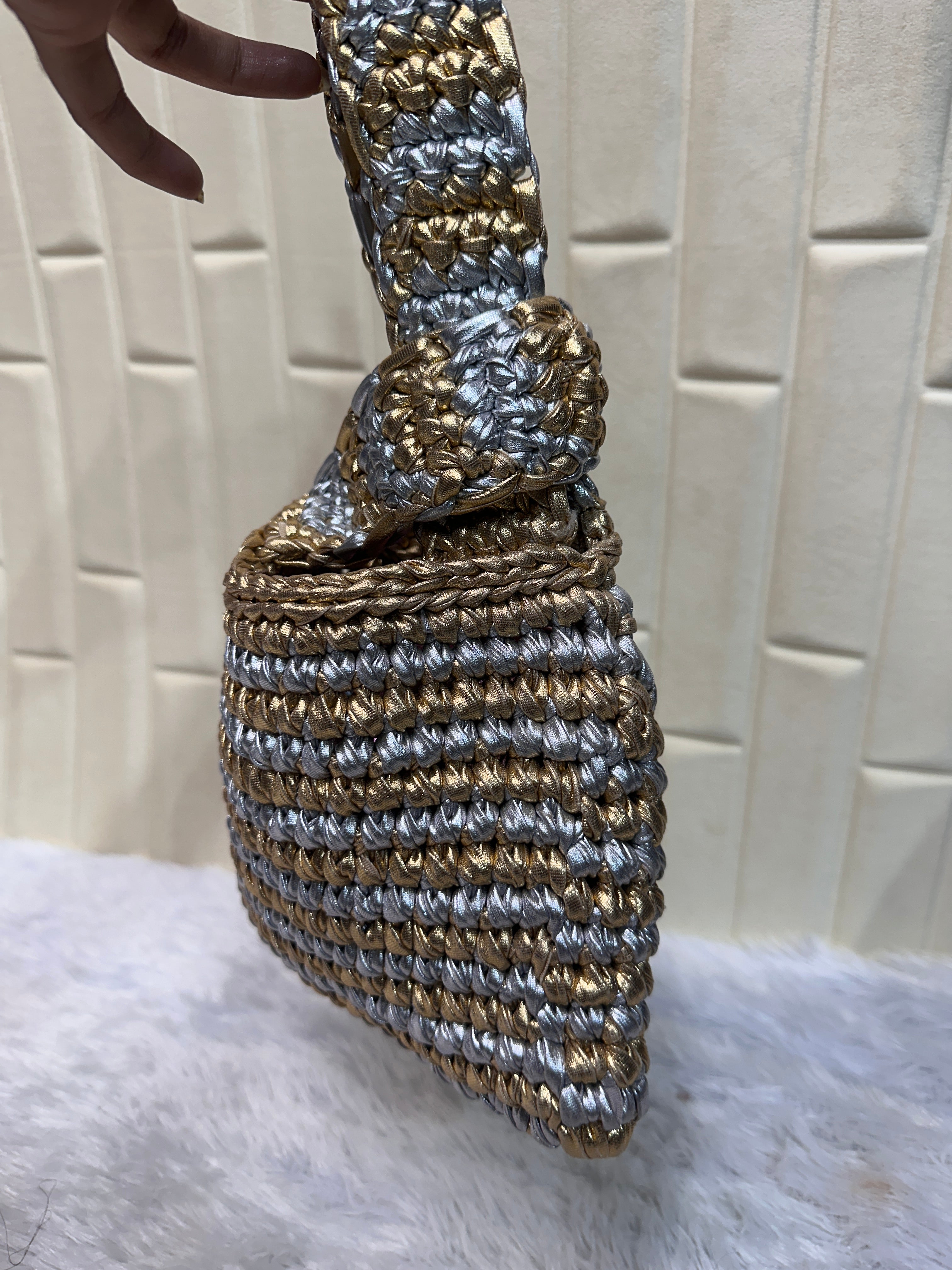 Twin Shine Gold & Silver Metallic Crochet Knot Potli Bag