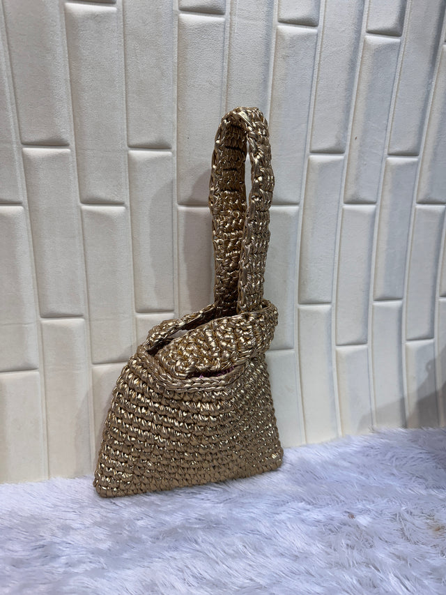 Pure Gold Metallic Crochet Knot Potli Bag