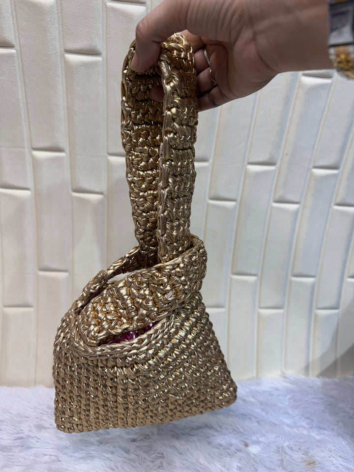 Pure Gold Metallic Crochet Knot Potli Bag